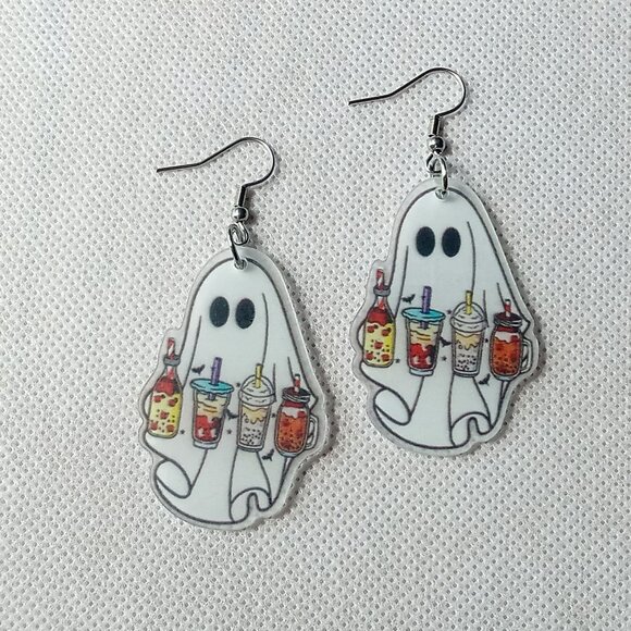 🎯 10 for $10 / Cute Ghosts with Coffee Earrings, Ladies Halloween Earrings - Picture 2 of 2